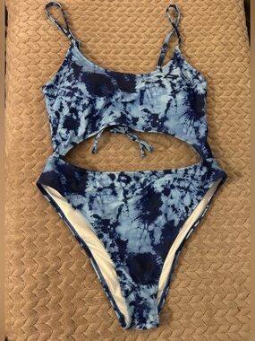 Meyeeka Blue Tye Dye Bathing Swim SUIT Attached-Bikini-look size XL One-piece